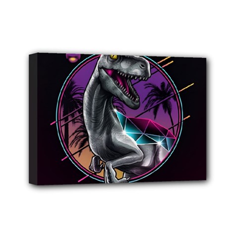 Style Dinosaur  80s Synth Retrowave Mini Canvas 7  X 5  (stretched) by Cendanart