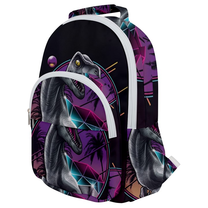 Style Dinosaur  80s Synth Retrowave Rounded Multi Pocket Backpack