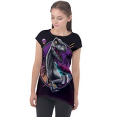 Style Dinosaur  80s Synth Retrowave Cap Sleeve High Low Top by Cendanart