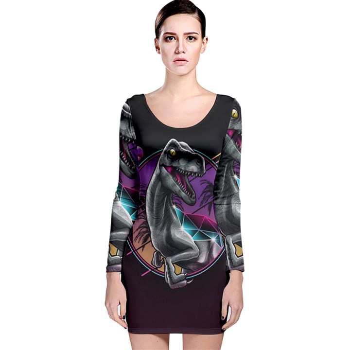 Style Dinosaur  80s Synth Retrowave Long Sleeve Velvet Bodycon Dress