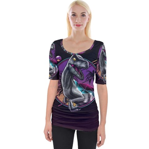 Style Dinosaur  80s Synth Retrowave Wide Neckline T-shirt by Cendanart