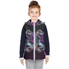 Style Dinosaur  80s Synth Retrowave Kids  Hooded Puffer Vest by Cendanart