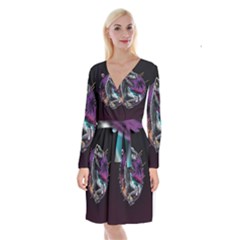 Style Dinosaur  80s Synth Retrowave Long Sleeve Velvet Front Wrap Dress by Cendanart