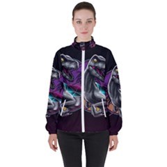 Style Dinosaur  80s Synth Retrowave Women s High Neck Windbreaker by Cendanart