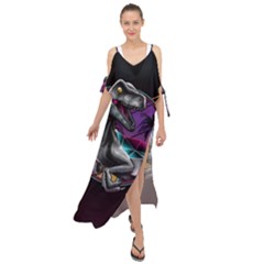 Style Dinosaur  80s Synth Retrowave Maxi Chiffon Cover Up Dress by Cendanart