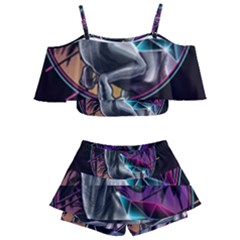 Style Dinosaur  80s Synth Retrowave Kids  Off Shoulder Skirt Bikini