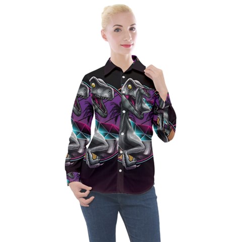 Style Dinosaur  80s Synth Retrowave Women s Long Sleeve Pocket Shirt by Cendanart