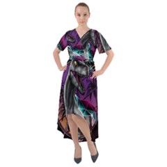 Style Dinosaur  80s Synth Retrowave Front Wrap High Low Dress by Cendanart