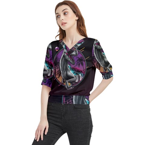 Style Dinosaur  80s Synth Retrowave Quarter Sleeve Blouse by Cendanart