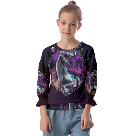 Style Dinosaur  80s Synth Retrowave Kids  Cuff Sleeve Top by Cendanart