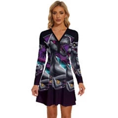 Style Dinosaur  80s Synth Retrowave Long Sleeve Deep V Mini Dress  by Cendanart