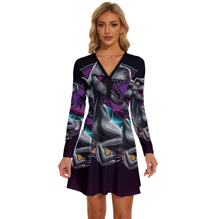 Style Dinosaur  80s Synth Retrowave Long Sleeve Deep V Mini Dress 