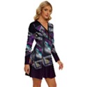 Style Dinosaur  80s Synth Retrowave Long Sleeve Deep V Mini Dress  View3