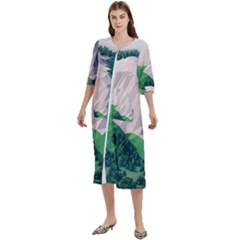 Green And White Polygonal Mountain Women s Cotton 3/4 Sleeve Night Gown by Cendanart