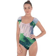 Green And White Polygonal Mountain Short Sleeve Leotard  by Cendanart