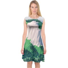 Green And White Polygonal Mountain Capsleeve Midi Dress by Cendanart