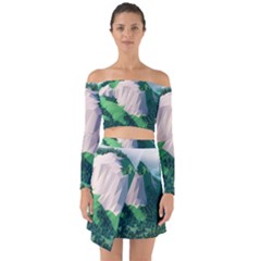 Green And White Polygonal Mountain Off Shoulder Top With Skirt Set by Cendanart