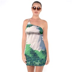 Green And White Polygonal Mountain One Shoulder Ring Trim Bodycon Dress by Cendanart