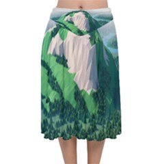 Green And White Polygonal Mountain Velvet Flared Midi Skirt by Cendanart