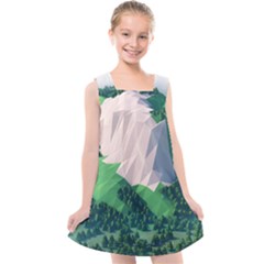 Green And White Polygonal Mountain Kids  Cross Back Dress by Cendanart