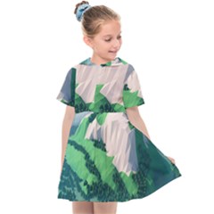 Green And White Polygonal Mountain Kids  Sailor Dress by Cendanart