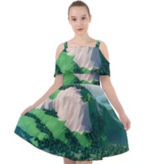 Green And White Polygonal Mountain Cut Out Shoulders Chiffon Dress by Cendanart