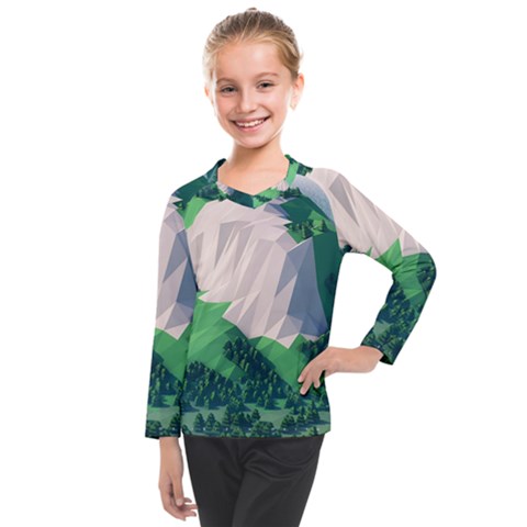 Green And White Polygonal Mountain Kids  Long Mesh T-shirt by Cendanart