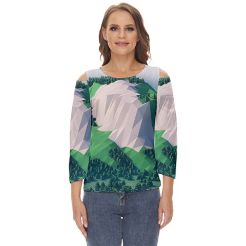 Green And White Polygonal Mountain Cut Out Wide Sleeve Top by Cendanart