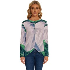 Green And White Polygonal Mountain Long Sleeve Crew Neck Pullover Top by Cendanart