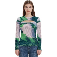 Green And White Polygonal Mountain Women s Cut Out Long Sleeve T-shirt by Cendanart