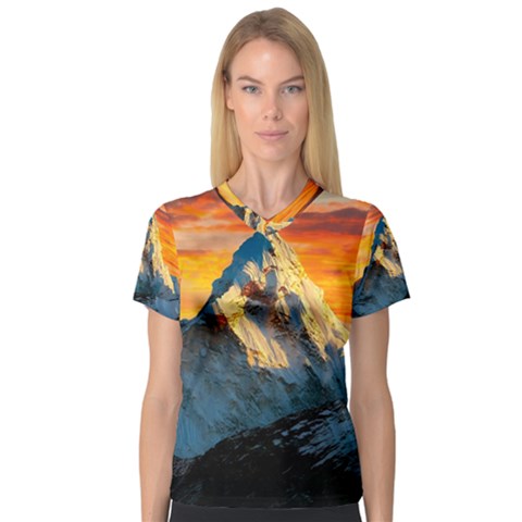 Snow Capped Mountain Himalayas Clouds Landscape Nature V-neck Sport Mesh T-shirt by Cendanart