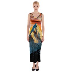 Snow Capped Mountain Himalayas Clouds Landscape Nature Fitted Maxi Dress by Cendanart