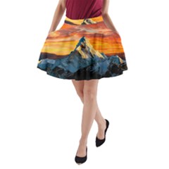 Snow Capped Mountain Himalayas Clouds Landscape Nature A-line Pocket Skirt by Cendanart