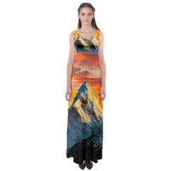 Snow Capped Mountain Himalayas Clouds Landscape Nature Empire Waist Maxi Dress by Cendanart