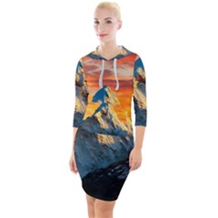 Snow Capped Mountain Himalayas Clouds Landscape Nature Quarter Sleeve Hood Bodycon Dress by Cendanart