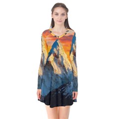 Snow Capped Mountain Himalayas Clouds Landscape Nature Long Sleeve V-neck Flare Dress by Cendanart