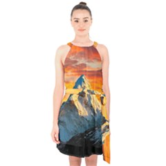 Snow Capped Mountain Himalayas Clouds Landscape Nature Halter Collar Waist Tie Chiffon Dress by Cendanart