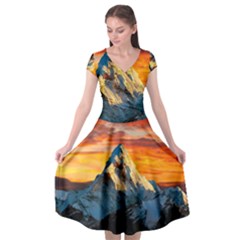 Snow Capped Mountain Himalayas Clouds Landscape Nature Cap Sleeve Wrap Front Dress by Cendanart