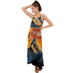 Snow Capped Mountain Himalayas Clouds Landscape Nature V-neck Chiffon Maxi Dress by Cendanart