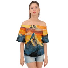 Snow Capped Mountain Himalayas Clouds Landscape Nature Off Shoulder Short Sleeve Top by Cendanart