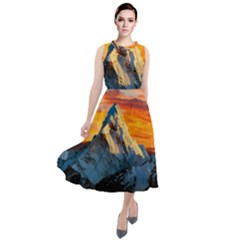 Snow Capped Mountain Himalayas Clouds Landscape Nature Round Neck Boho Dress by Cendanart