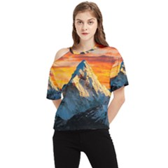 Snow Capped Mountain Himalayas Clouds Landscape Nature One Shoulder Cut Out T-shirt by Cendanart