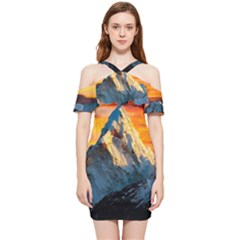 Snow Capped Mountain Himalayas Clouds Landscape Nature Shoulder Frill Bodycon Summer Dress by Cendanart