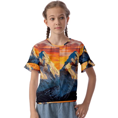 Snow Capped Mountain Himalayas Clouds Landscape Nature Kids  Cuff Sleeve Scrunch Bottom T-shirt by Cendanart