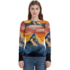 Snow Capped Mountain Himalayas Clouds Landscape Nature Women s Cut Out Long Sleeve T-shirt by Cendanart