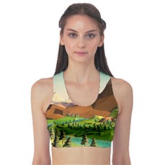 River Between Green Forest With Brown Mountain Fitness Sports Bra by Cendanart