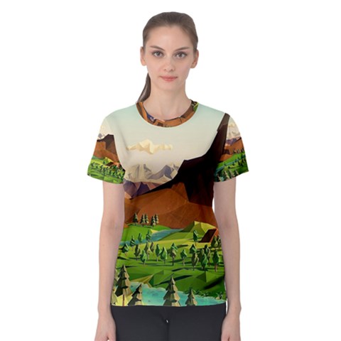 River Between Green Forest With Brown Mountain Women s Sport Mesh T-shirt by Cendanart