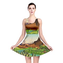 River Between Green Forest With Brown Mountain Reversible Skater Dress by Cendanart