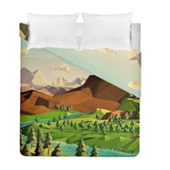 River Between Green Forest With Brown Mountain Duvet Cover Double Side (full/ Double Size)