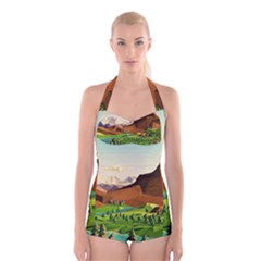 River Between Green Forest With Brown Mountain Boyleg Halter Swimsuit  by Cendanart